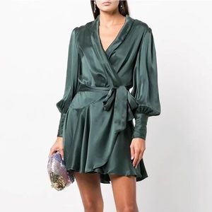 Zimmermann silk wrap mini dress in bottle green. Size 0